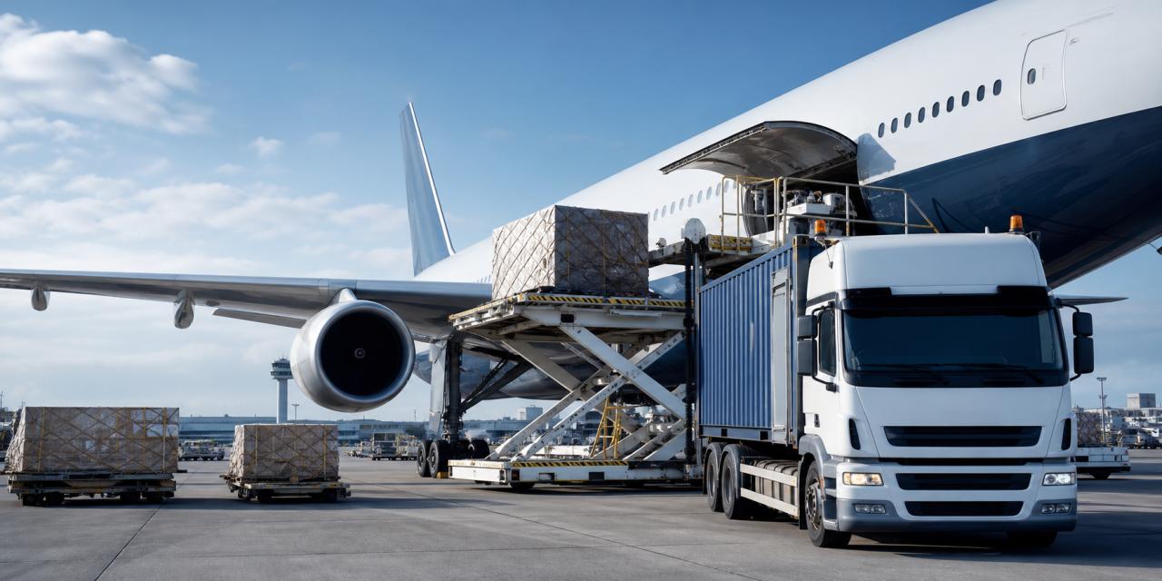 Air freight cargo being loaded beside a transport truck
