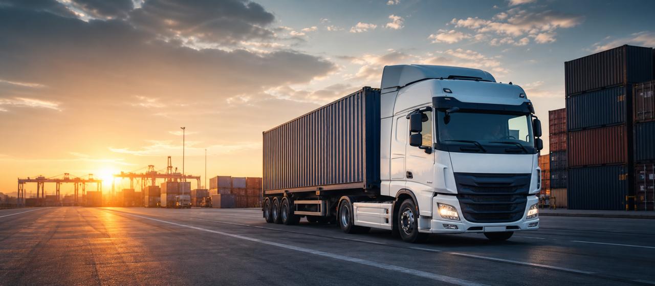 Freight truck moving containers at sunrise