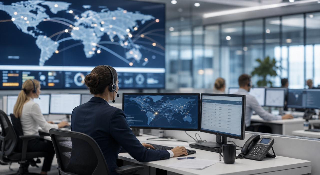 Shipment control room with live route tracking screens